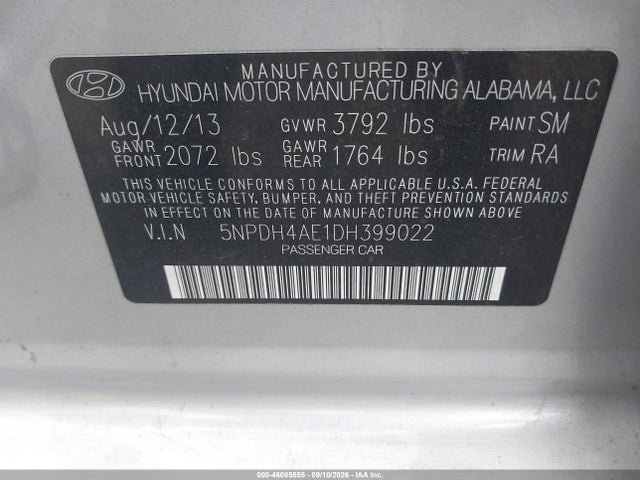Aukcja sprzedaży 2013 Hyundai Elantra Gls, vin: 5NPDH4AE1DH399022, numer aukcji: 46085555