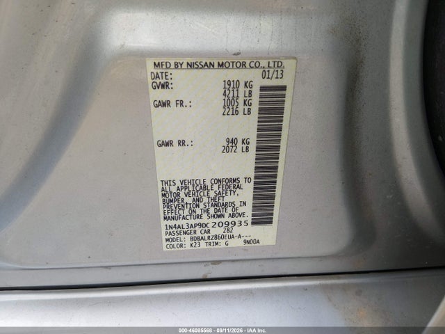 46085568 :رقم المزاد ، 1N4AL3AP9DC209935 vin ، 2013 Nissan Altima 2.5 S مزاد بيع