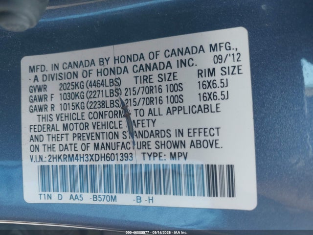 2013 Honda Cr-v Lx მანქანა იყიდება აუქციონზე, vin: 2HKRM4H3XDH601393, აუქციონის ნომერი: 46085577