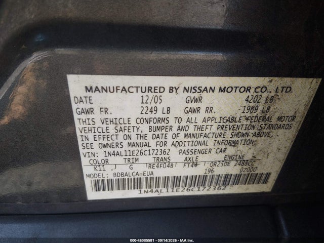 2006 Nissan Altima 2.5 S მანქანა იყიდება აუქციონზე, vin: 1N4AL11E26C172362, აუქციონის ნომერი: 46085581
