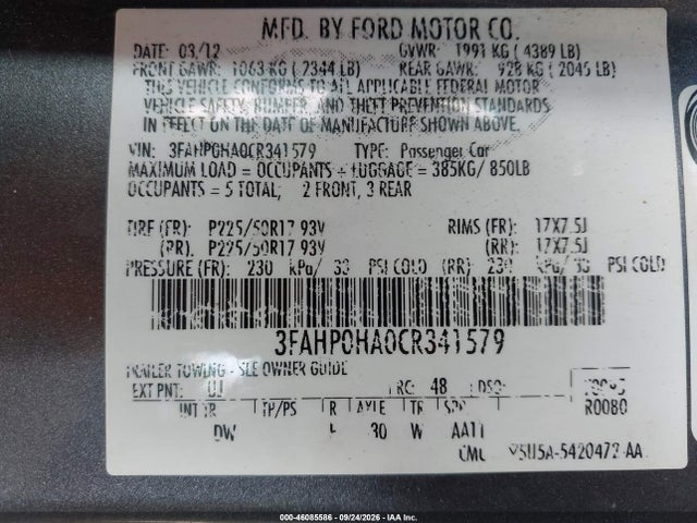 46085586 :رقم المزاد ، 3FAHP0HA0CR341579 vin ، 2012 Ford Fusion Se مزاد بيع