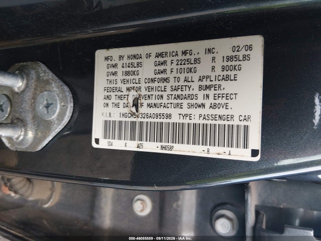 2006 Honda Accord 2.4 Se მანქანა იყიდება აუქციონზე, vin: 1HGCM56326A095598, აუქციონის ნომერი: 46085589