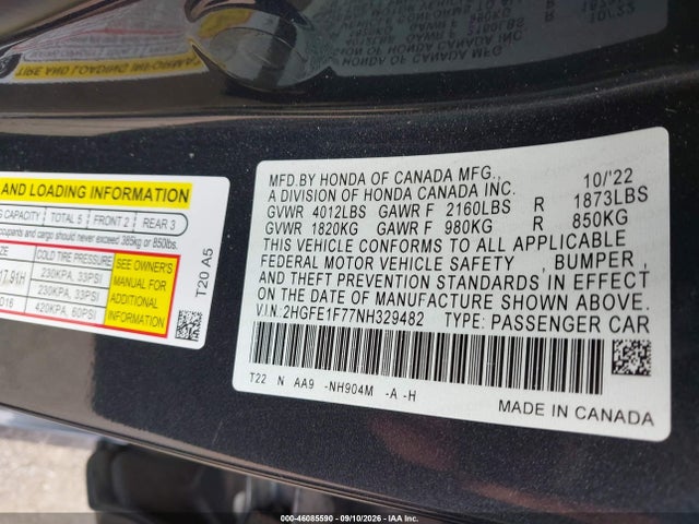 46085590 :رقم المزاد ، 2HGFE1F77NH329482 vin ، 2022 Honda Civic Ex مزاد بيع