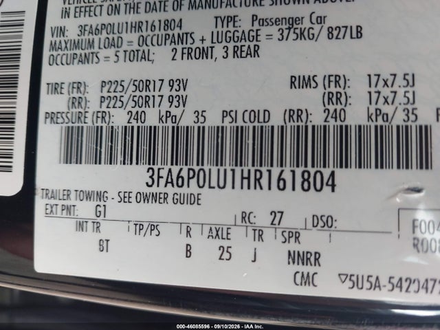 Auction sale of the 2017 Ford Fusion Hybrid Se, vin: 3FA6P0LU1HR161804, lot number: 46085596