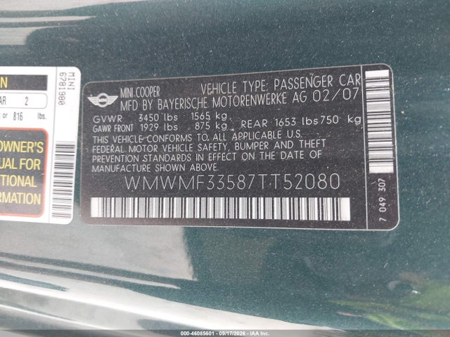 Продаж на аукціоні авто 2007 Mini Cooper, vin: WMWMF33587TT52080, номер лоту: 46085601