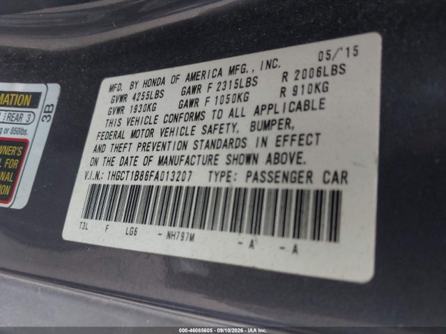 Aukcja sprzedaży 2015 Honda Accord Ex-l, vin: 1HGCT1B86FA013207, numer aukcji: 46085605