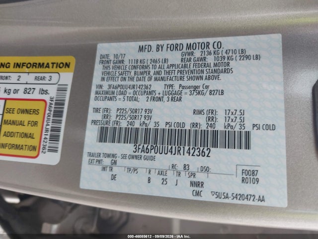 46085612 :رقم المزاد ، 3FA6P0UU4JR142362 vin ، 2018 Ford Fusion Hybrid S مزاد بيع