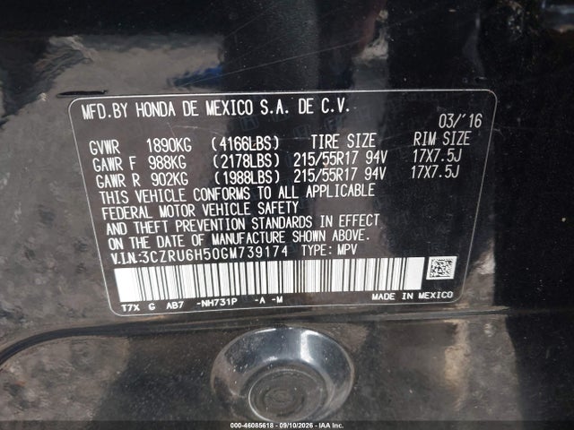 Продажа на аукционе авто 2016 Honda Hr-v Ex, vin: 3CZRU6H50GM739174, номер лота: 46085618