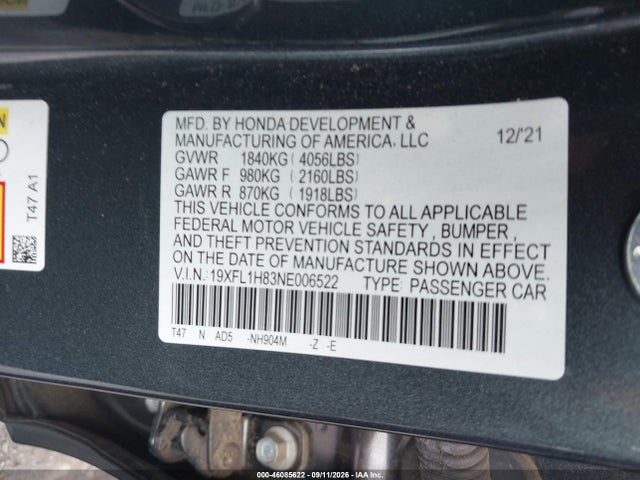 2022 Honda Civic Sport Touring მანქანა იყიდება აუქციონზე, vin: 19XFL1H83NE006522, აუქციონის ნომერი: 46085622
