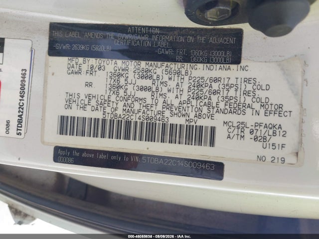 46085634 :رقم المزاد ، 5TDBA22C14S009463 vin ، 2004 Toyota Sienna Xle Limited مزاد بيع