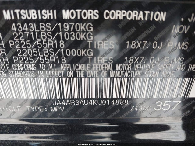 Продаж на аукціоні авто 2019 Mitsubishi Outlander Sport 2.0 Le, vin: JA4AR3AU4KU014888, номер лоту: 46085636