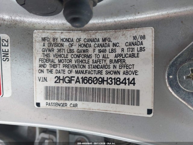 Aukcja sprzedaży 2009 Honda Civic Lx-s, vin: 2HGFA16609H318414, numer aukcji: 46085645