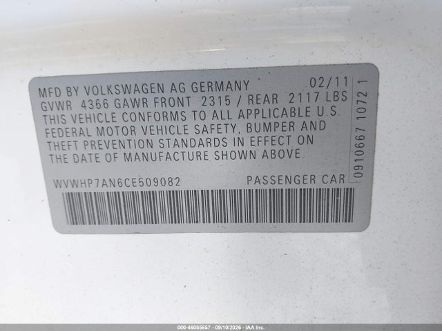 46085657 :رقم المزاد ، WVWHP7AN6CE509082 vin ، 2012 Volkswagen Cc Lux Plus مزاد بيع