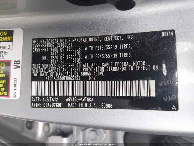 46085663 :رقم المزاد ، 4T3BA3BB9FU065293 vin ، 2015 Toyota Venza Le مزاد بيع