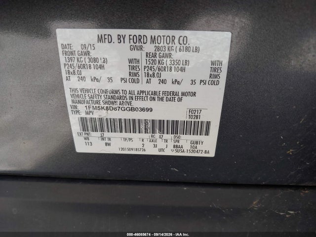 Продажа на аукционе авто 2016 Ford Explorer Xlt, vin: 1FM5K8D87GGB03699, номер лота: 46085674