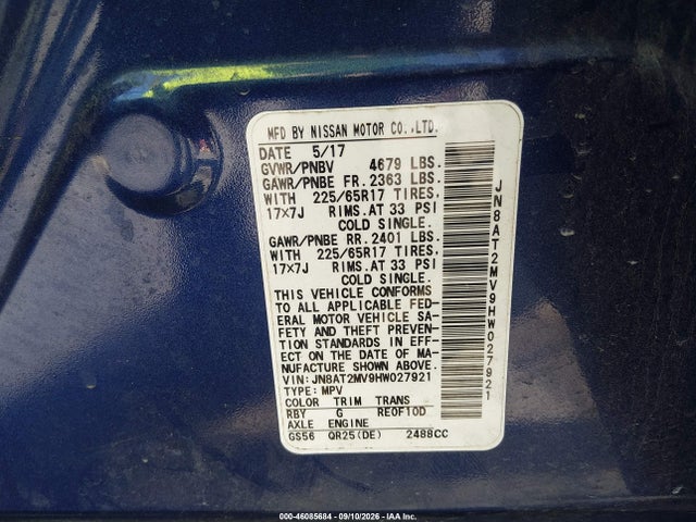 2017 Nissan Rogue Sv მანქანა იყიდება აუქციონზე, vin: JN8AT2MV9HW027921, აუქციონის ნომერი: 46085684