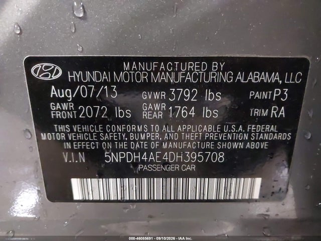 Aukcja sprzedaży 2013 Hyundai Elantra Gls, vin: 5NPDH4AE4DH395708, numer aukcji: 46085691