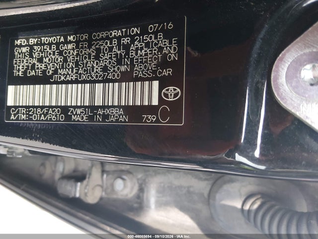 2016 Toyota Prius Two Eco მანქანა იყიდება აუქციონზე, vin: JTDKARFUXG3027400, აუქციონის ნომერი: 46085694
