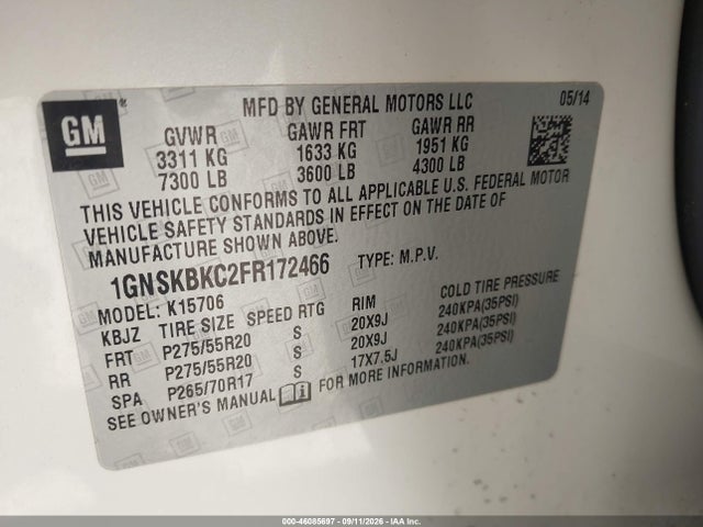 Aukcja sprzedaży 2015 Chevrolet Tahoe Lt, vin: 1GNSKBKC2FR172466, numer aukcji: 46085697