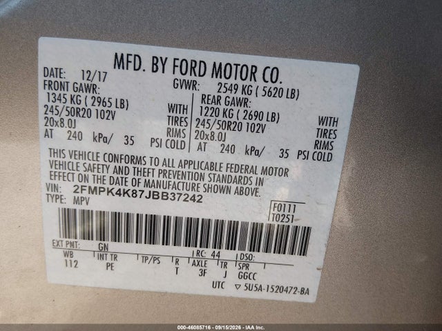 Продажа на аукционе авто 2018 Ford Edge Titanium, vin: 2FMPK4K87JBB37242, номер лота: 46085716