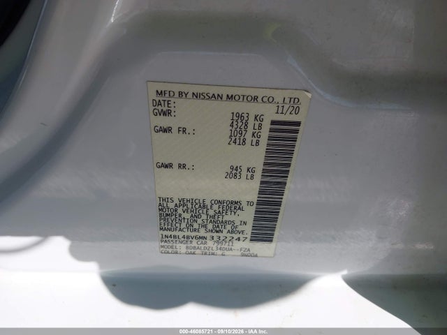 46085721 :رقم المزاد ، 1N4BL4BV6MN332247 vin ، 2021 Nissan Altima S Fwd مزاد بيع