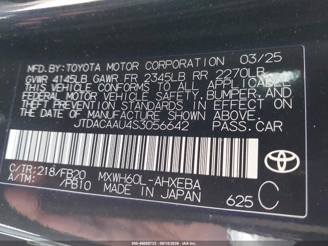 Aukcja sprzedaży 2025 Toyota Prius Le, vin: JTDACAAU4S3056642, numer aukcji: 46085722