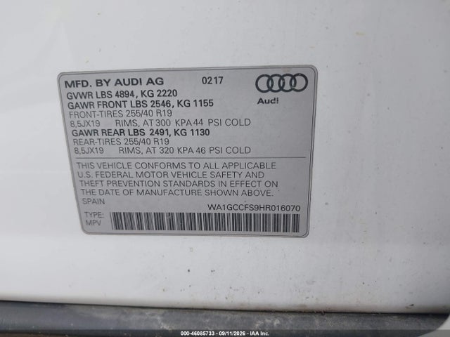 Aukcja sprzedaży 2017 Audi Q3 2.0t Premium, vin: WA1GCCFS9HR016070, numer aukcji: 46085733