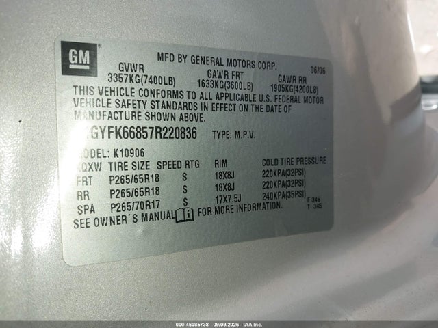 Auction sale of the 2007 Cadillac Escalade Esv Standard, vin: 1GYFK66857R220836, lot number: 46085738