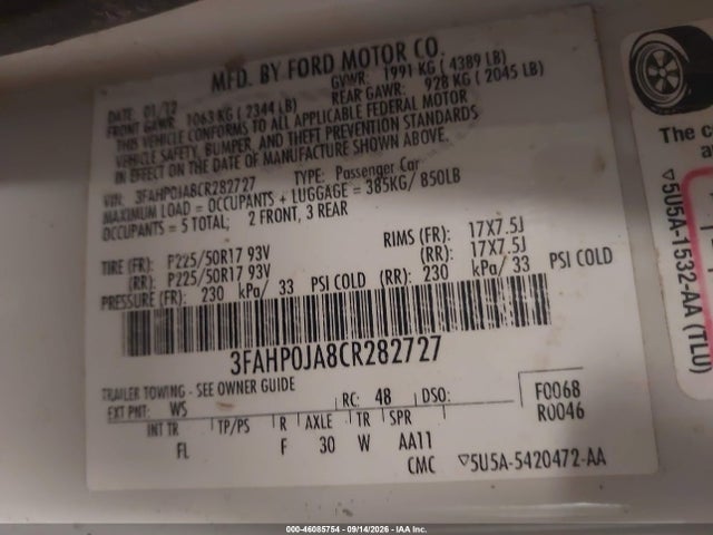 Продаж на аукціоні авто 2012 Ford Fusion Sel, vin: 3FAHP0JA8CR282727, номер лоту: 46085754