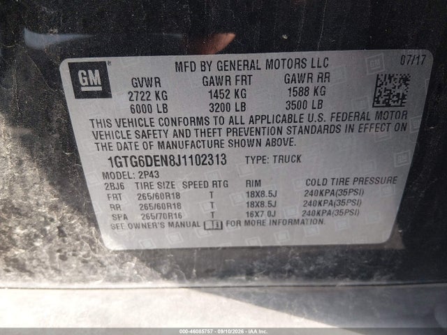 Auction sale of the 2018 Gmc Canyon Slt, vin: 1GTG6DEN8J1102313, lot number: 46085757