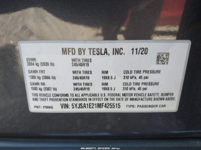 5YJSA1E21MF425515 Tesla Model S Long Range Dual Motor All-wheel Drive/long Range Plus Dual Motor All-wheel Drive