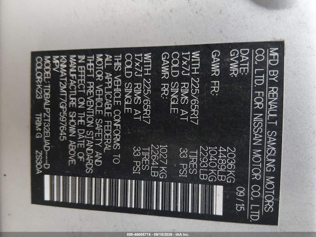 46085774 :رقم المزاد ، KNMAT2MT7GP597645 vin ، 2016 Nissan Rogue S مزاد بيع