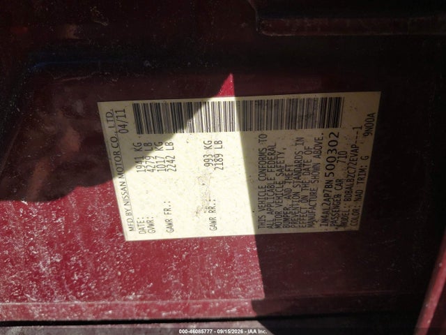 46085777 :رقم المزاد ، 1N4AL2AP7BN500302 vin ، 2011 Nissan Altima 2.5 S مزاد بيع