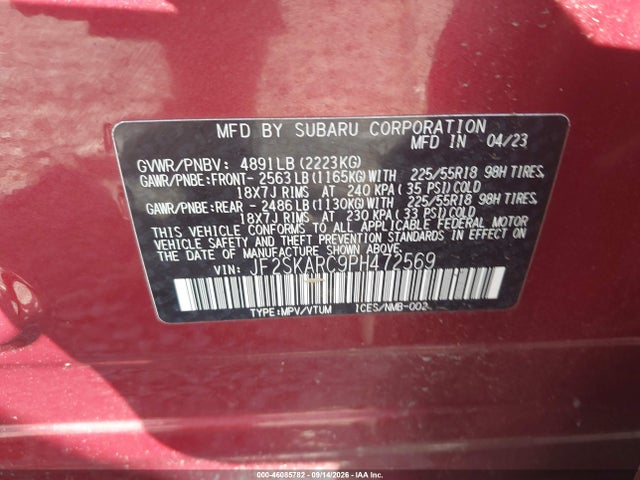 2023 Subaru Forester Touring მანქანა იყიდება აუქციონზე, vin: JF2SKARC9PH472569, აუქციონის ნომერი: 46085782