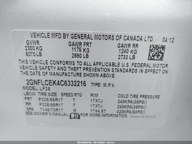 Продажа на аукционе авто 2012 Chevrolet Equinox Ls, vin: 2GNFLCEK4C6332216, номер лота: 46085788