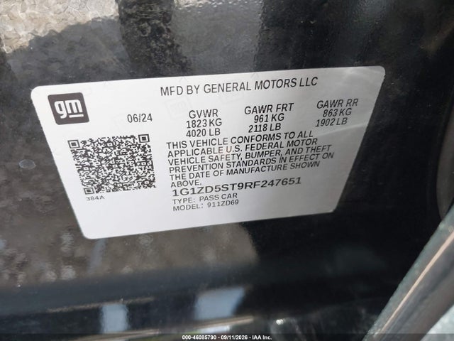 Aukcja sprzedaży 2024 Chevrolet Malibu Fwd 1lt, vin: 1G1ZD5ST9RF247651, numer aukcji: 46085790