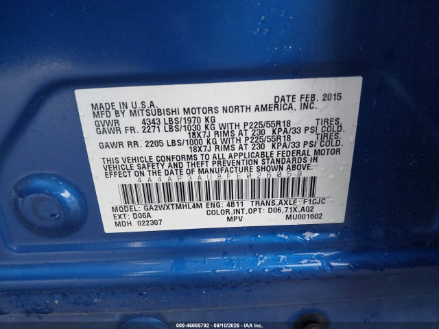 Продажа на аукционе авто 2015 Mitsubishi Outlander Sport Es, vin: 4A4AP3AU8FE026059, номер лота: 46085792