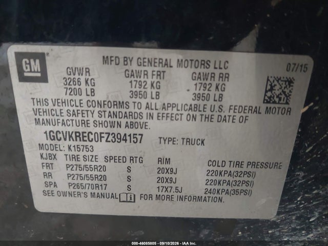 Продаж на аукціоні авто 2015 Chevrolet Silverado 1500 2lt, vin: 1GCVKREC0FZ394157, номер лоту: 46085805