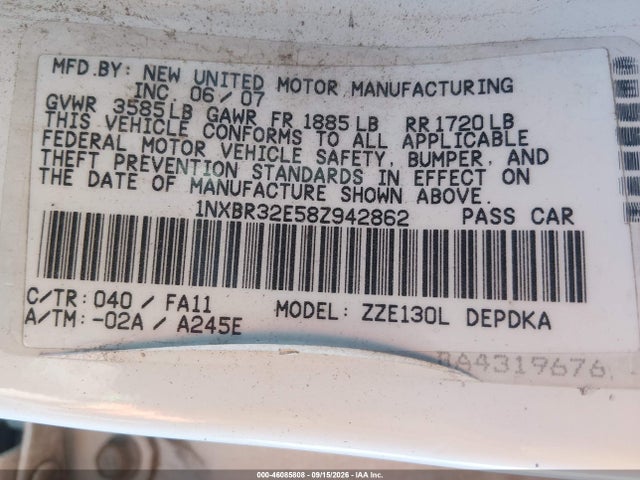 46085808 :رقم المزاد ، 1NXBR32E58Z942862 vin ، 2008 Toyota Corolla Ce مزاد بيع
