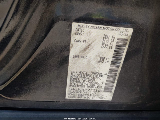 Aukcja sprzedaży 2018 Nissan Altima 2.5 Sr, vin: 1N4AL3AP4JC252106, numer aukcji: 46085812