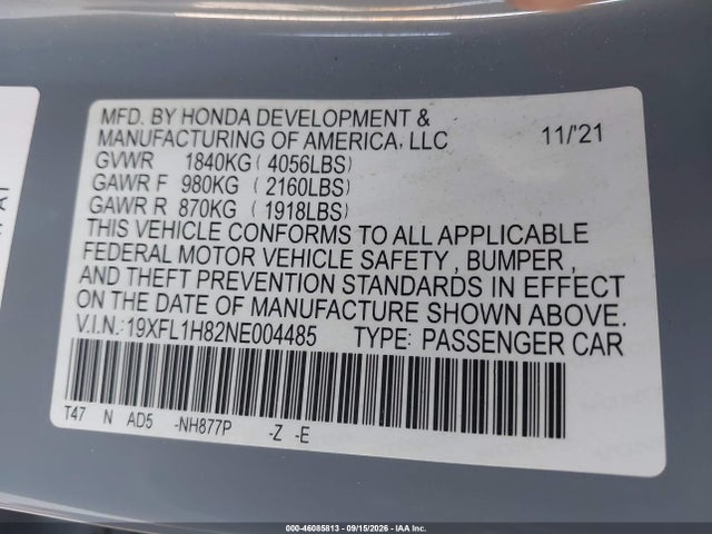 2022 Honda Civic Sport Touring მანქანა იყიდება აუქციონზე, vin: 19XFL1H82NE004485, აუქციონის ნომერი: 46085813