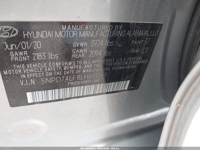 2020 Hyundai Elantra Se მანქანა იყიდება აუქციონზე, vin: 5NPD74LF8LH601765, აუქციონის ნომერი: 46085814