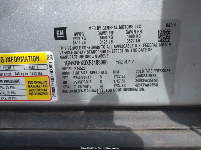 46085832 :رقم المزاد ، 1GNKRFKDXFJ188098 vin ، 2015 Chevrolet Traverse Ls مزاد بيع