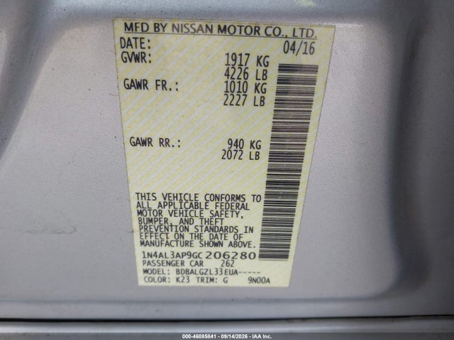 46085841 :رقم المزاد ، 1N4AL3AP9GC206280 vin ، 2016 Nissan Altima 2.5/2.5 S/2.5 Sl/2.5 Sr/2.5 Sv مزاد بيع