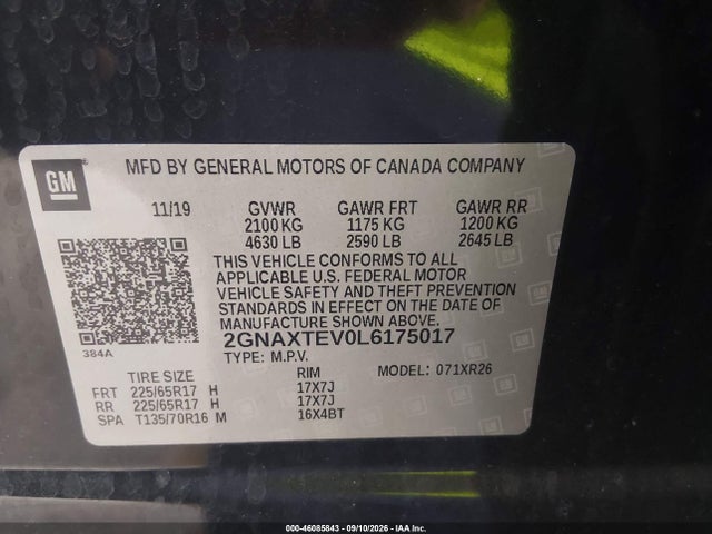 Продаж на аукціоні авто 2020 Chevrolet Equinox Awd 2fl, vin: 2GNAXTEV0L6175017, номер лоту: 46085843