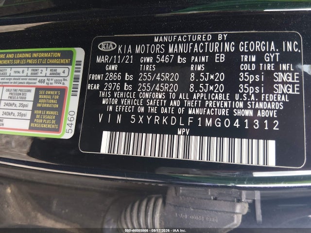 Продаж на аукціоні авто 2021 Kia Sorento Sx, vin: 5XYRKDLF1MG041312, номер лоту: 46085866