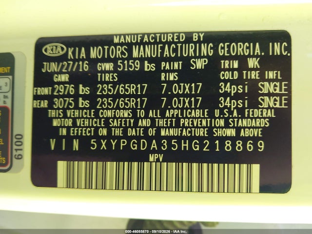 Aukcja sprzedaży 2017 Kia Sorento 2.4l Lx, vin: 5XYPGDA35HG218869, numer aukcji: 46085870