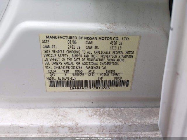 Auction sale of the 2007 Nissan Maxima 3.5 Se, vin: 1N4BA41E97C819286, lot number: 46085879