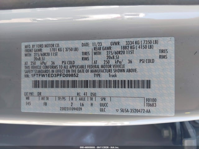 2023 Ford F-150 Xlt მანქანა იყიდება აუქციონზე, vin: 1FTFW1ED3PFD09852, აუქციონის ნომერი: 46085888