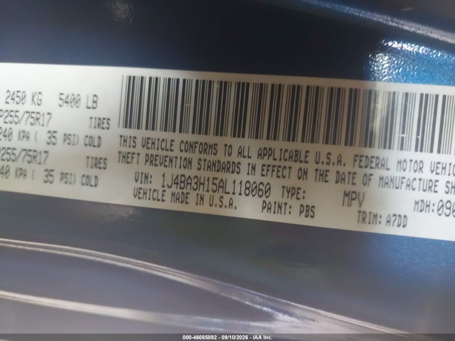 46085892 :رقم المزاد ، 1J4BA3H15AL118060 vin ، 2010 Jeep Wrangler Unlimited Sport مزاد بيع